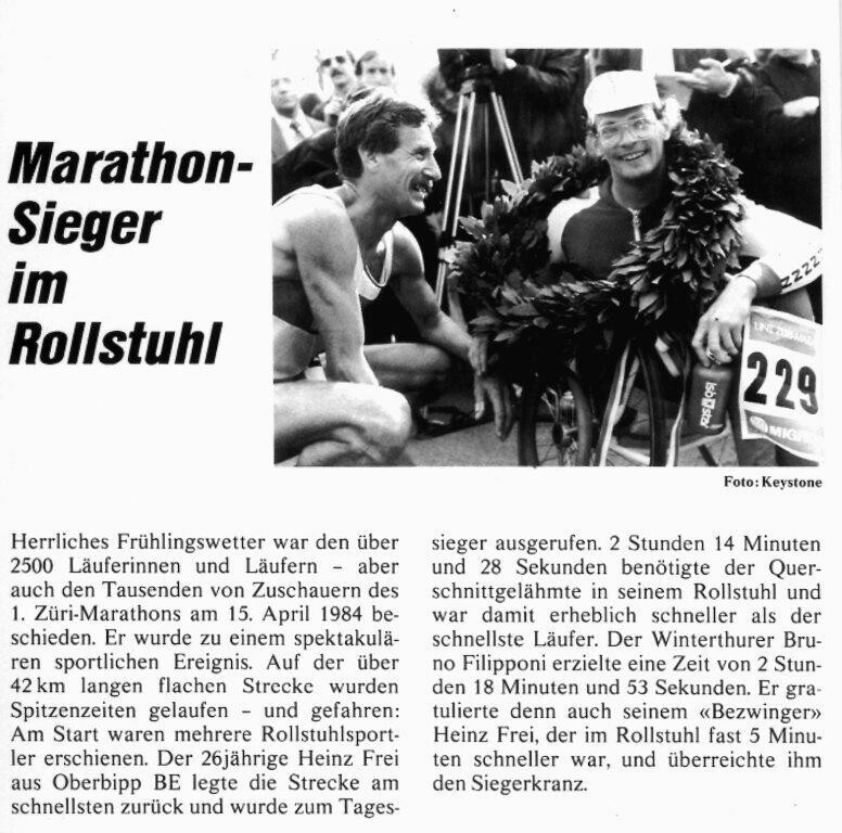 zeitungsclip heinz frei marathon sieger im rollstuhl in zürich 1984