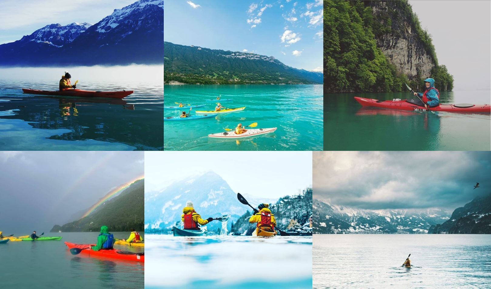 Photo collage of people kayaking on Lake Brienz in various weather conditions
