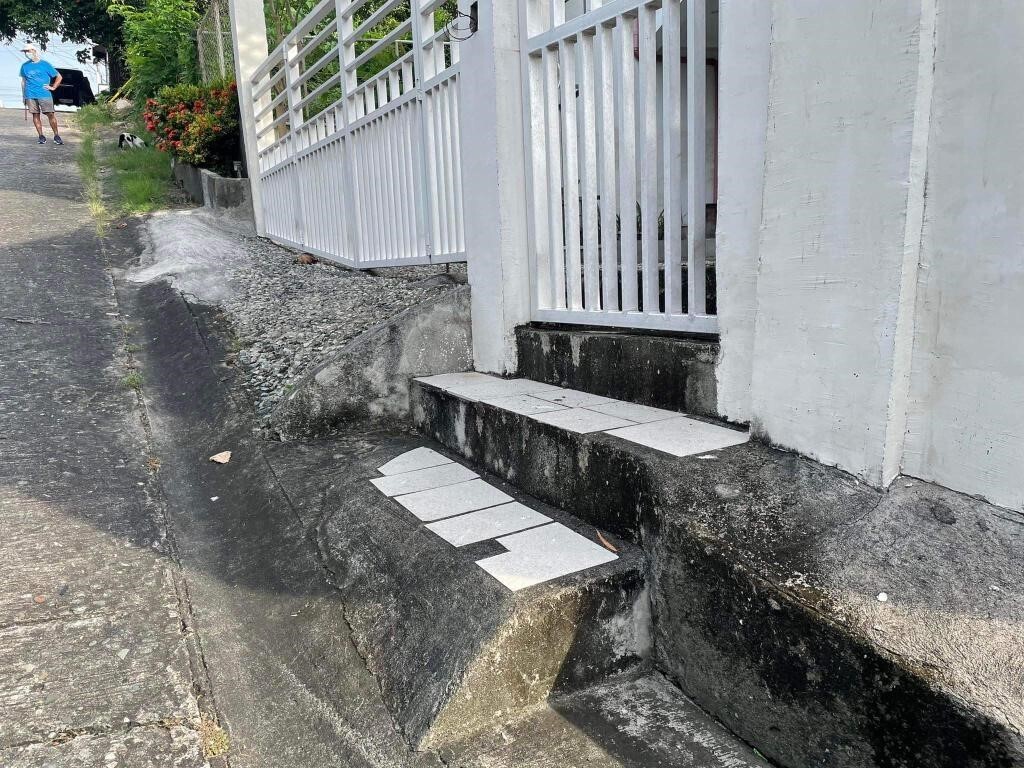 A street without a sidewalk in the Philippines, from which steps lead directly to a house entrance.