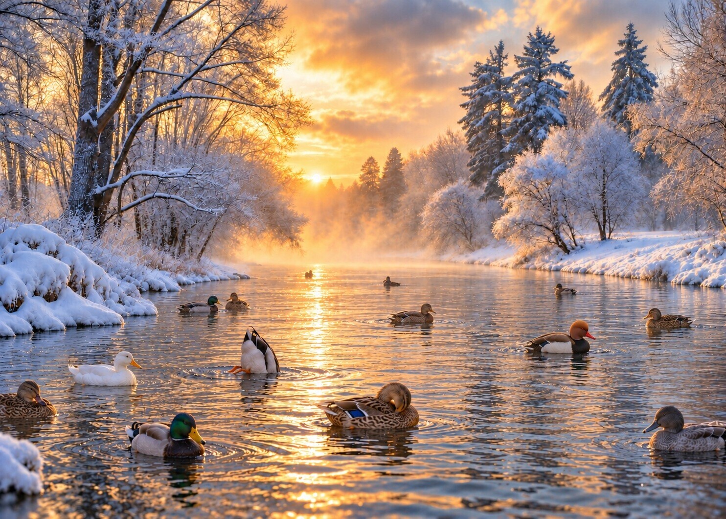verschiedene enten auf dem wasser im winter